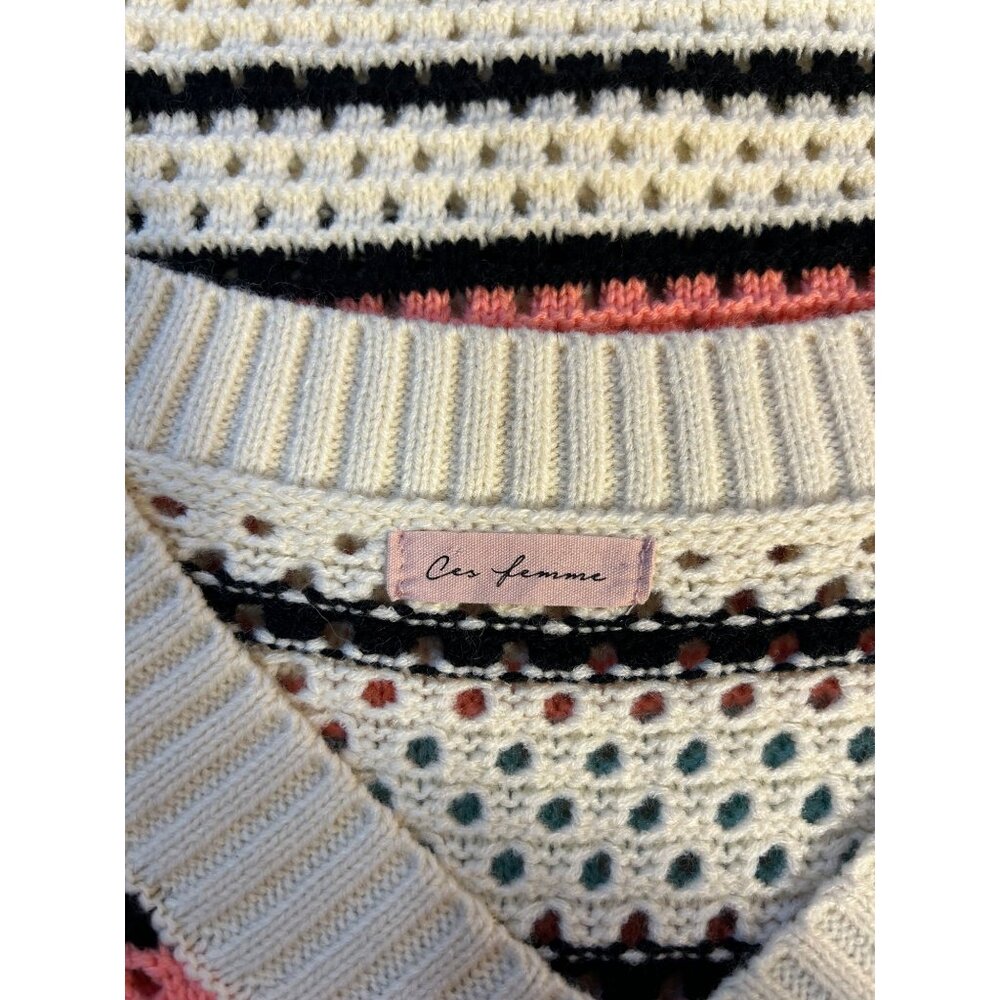 Vintage-Style Ces Femme Open-Knit Striped Sweater Vest V-Neck Medium Multicolor - Picture 3 of 7